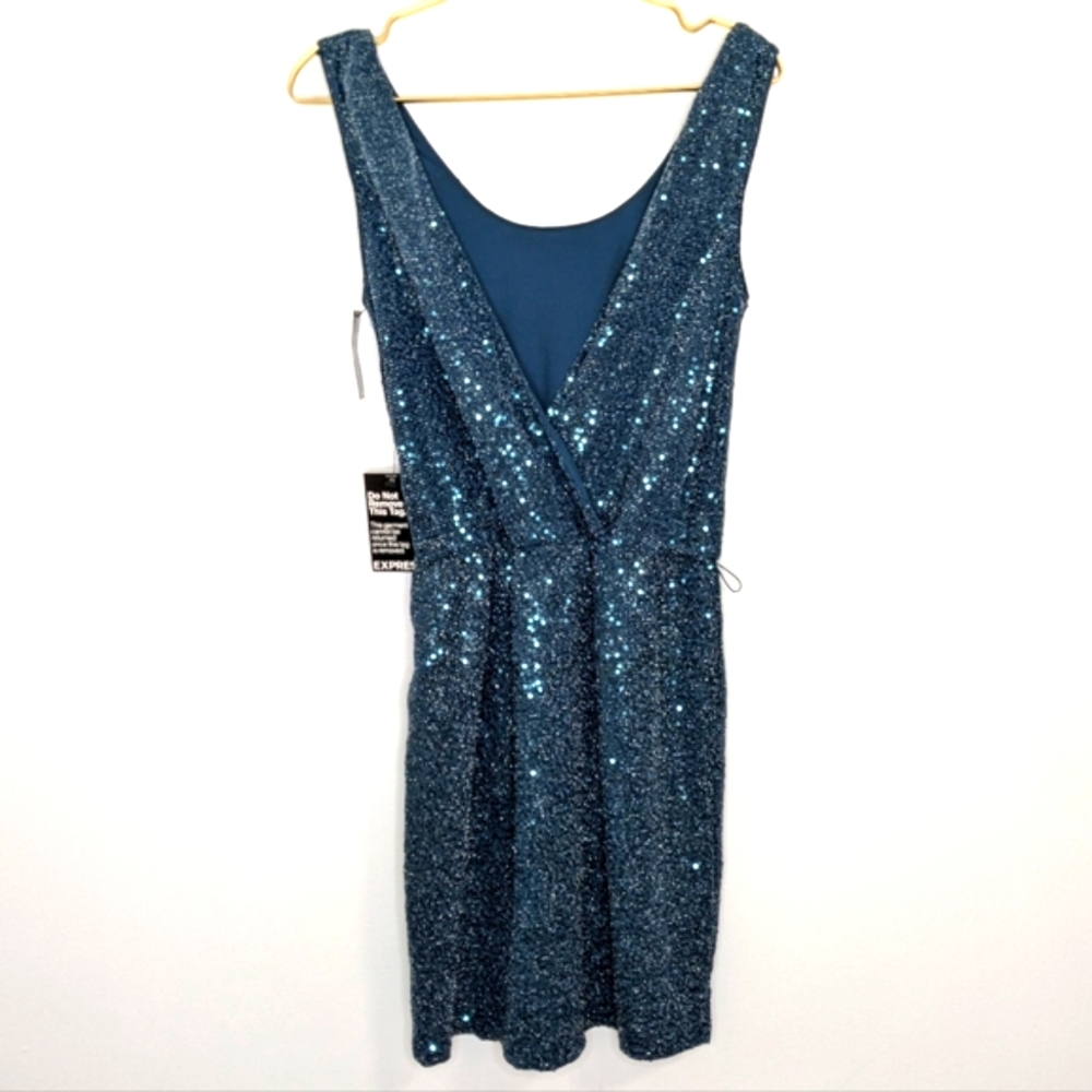 NWT Express Medium Teal Glittery‎ Sequin Wrap Top Sleeveless Lined Party Dress